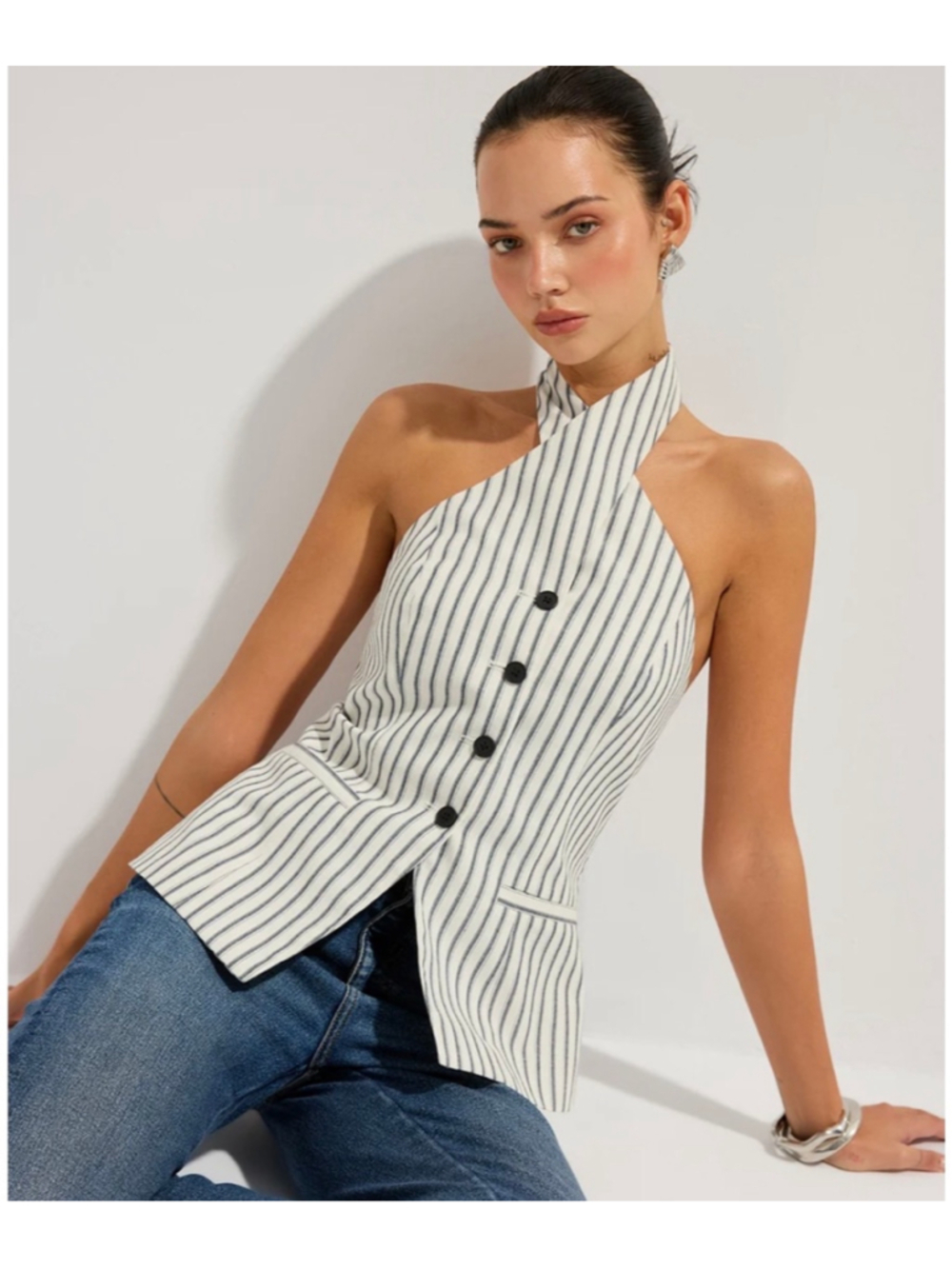 Commense Pinstripe Halter Neck Vest Top Size S 90s Minimalist Menswear